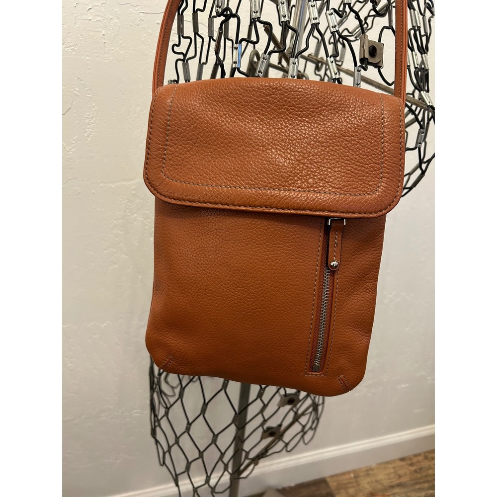 Tignanello Cognac Orange Pebbled Leather Slim Crossbody‎ Bag Flap Zip Pocket